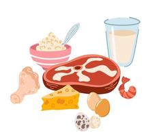 produtos alimentares proteicos. carnes, laticínios, frutos do mar, queijos, leite e ovos. nutrientes crus saudáveis. composição da dieta energética nutritiva. ilustração em vetor plana dos desenhos animados isolada em branco