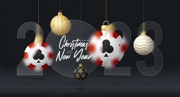 Banner de venda de poker casino 2023 ou cartão de felicitações. feliz natal e feliz ano novo 2023 banner com efeito de desfoque de morfismo de vidro ou morfismo de vidro. ilustração vetorial realista. vetor