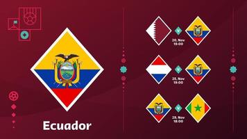 a seleção do equador agenda partidas da fase final do mundial de futebol de 22. ilustração vetorial de partidas de futebol mundial 22. vetor