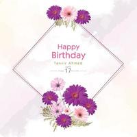 cartão de aniversário de flor cosmos roxo e rosa claro vetor
