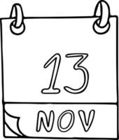 calendário desenhado à mão em estilo doodle. 13 de novembro. dia mundial da bondade, data. ícone, elemento de adesivo para design. planejamento, férias de negócios vetor