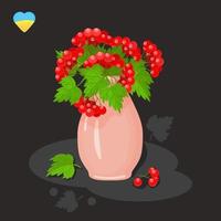 vaso de cerâmica com viburno. vaso de cerâmica moderno com frutas vermelhas. rosa de guelder. ilustração isolada em um fundo preto. estilo de desenho animado. ilustração vetorial. vetor