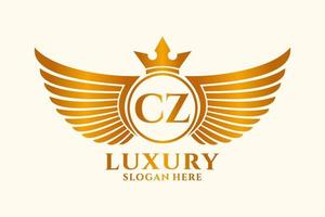 luxo royal wing letter cz crest gold color logo vector, logotipo da vitória, logotipo da crista, logotipo da asa, modelo de logotipo vetorial. vetor