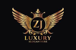 luxo royal wing letter zj crest gold color logo vector, logotipo da vitória, logotipo da crista, logotipo da asa, modelo de logotipo vetorial. vetor