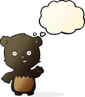 desenho animado acenando o filhote de urso preto com balão de pensamento vetor