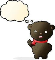 urso preto de desenho animado usando cachecol com balão de pensamento vetor