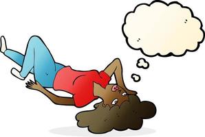 mulher de desenho animado deitada no chão com balão de pensamento vetor