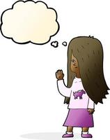 garota dos desenhos animados com camisa de pônei acenando com balão de pensamento vetor