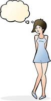 mulher bonita dos desenhos animados no vestido com balão de pensamento vetor