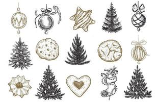 árvore de natal, biscoito, conjunto de bola. ilustração desenhada à mão. vetor