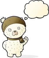 urso polar bonito dos desenhos animados no chapéu de inverno e cachecol com balão de pensamento vetor