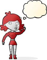 mulher robô de desenho animado acenando com balão de pensamento vetor