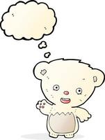 filhote de urso polar dos desenhos animados acenando com balão de pensamento vetor