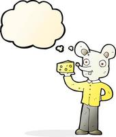 rato de desenho animado segurando queijo com balão de pensamento vetor
