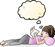 desenho animado mulher bonita lendo livro com balão de pensamento vetor