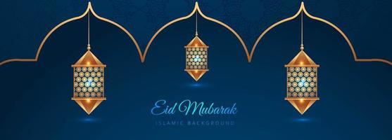 banner islâmico criativo eid mubarak em ouro e azul vetor