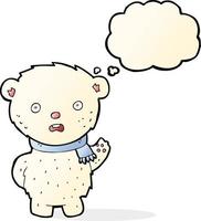 urso polar de desenho animado usando cachecol com balão de pensamento vetor