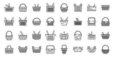 ícones de cesta de piquenique definir vetor de contorno. cesta de frutas