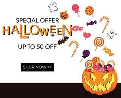 banner de promoção de oferta especial de halloween com imagem doce cheio de abóbora vetor