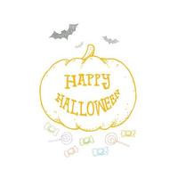 conjunto de ilustração vetorial desenhada à mão de halloween com abóbora, morcego, doces, texto de feliz dia das bruxas em estilo cartoon vetor