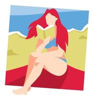 linda mulher de cabelo vermelho lendo um livro na praia. fundo do mar, areia. conceito de verão, férias, relaxante, estilo de vida, etc. ilustração vetorial plana vetor