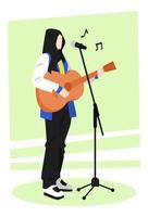 ilustração do cantor adolescente, busker. lindo. canta. tocar guitarra. aparência. conceito de juventude, música, cantor, profissão, hobby, etc. vetor plano