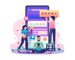 comentários de clientes com pessoas que dão classificações por estrelas em um telefone celular. feedback positivo, satisfação, classificação de revisão ou conceito de avaliação. ilustração vetorial em estilo simples vetor