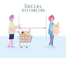 distanciamento social de mulher e homem na fila de compras vetor