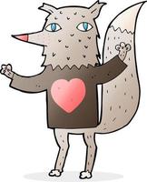 lobo de desenho animado com camiseta de coração de amor vetor