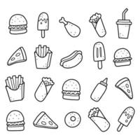 conjunto de doodle de fast food de mão desenhada. ilustração vetorial. vetor