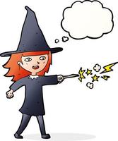 bruxa dos desenhos animados, lançando feitiço com balão de pensamento vetor