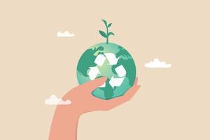 sustentabilidade, ecologia ou energia renovável para salvar o mundo das mudanças climáticas ou do aquecimento global, seguro ambiental ou conceito de reciclagem, mão segurando o mundo verde sustentável com símbolo de reciclagem. vetor