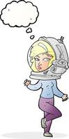 mulher de desenho animado usando capacete espacial com balão de pensamento vetor