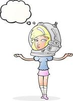 mulher de desenho animado usando capacete espacial com balão de pensamento vetor
