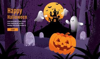 design de halloween com abóbora, fantasma, castelo, lua