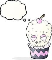 desenho de cupcake de caveira assustador com balão de pensamento vetor