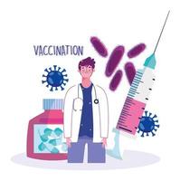 médico com prescrição de seringa e cápsula vacinação médica de cuidados de saúde vetor