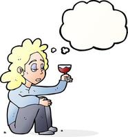 mulher infeliz dos desenhos animados com copo de vinho com balão de pensamento vetor
