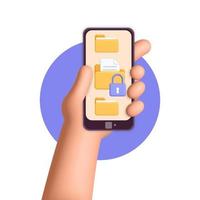 3d vector hand hold smartphone com ilustração de design de ícone de pasta de arquivo segura