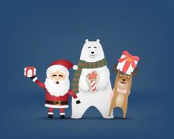 papel cortado estilo santa, urso polar e rena com presentes vetor