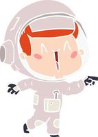 astronauta de desenho animado de estilo de cor plana feliz apontando vetor