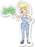 adesivo retrô angustiado de uma mulher agricultora confiante de desenho animado com dinheiro vetor