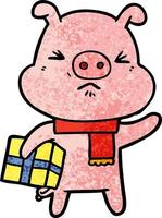 porco bravo dos desenhos animados com presente de natal vetor