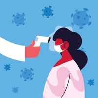 médico mede a temperatura de uma mulher usando uma máscara médica vetor