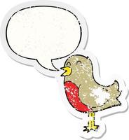 adesivo angustiado de pássaro de desenho animado e bolha de fala vetor