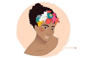 mulher afro-americana com flores no retrato de cabelo encaracolado vetor