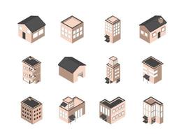 pacote de ícones isométricos de edifícios e casas vetor