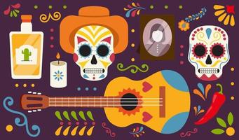 grande conjunto mexicano para o dia de feriado hispânico dos mortos. ilustração vetorial com caveiras em estilo simples vetor