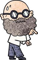 homem preocupado dos desenhos animados com barba e óculos apontando o dedo vetor