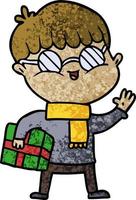 menino de desenho animado usando óculos carregando presente vetor